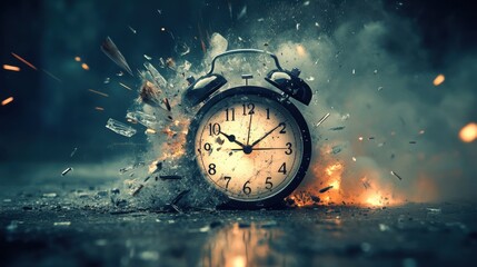 Surreal image of an alarm clock shattered by a bullet, representing time destruction, in a dramatic, high-energy shot