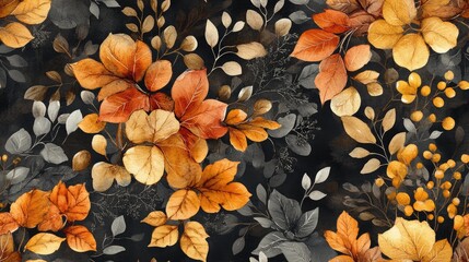 Seamless autumn pattern featuring floral watercolor designs of vibrant orange yellow and brown leaves from rowan birch and oak trees ideal for wallpaper and background use