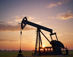 Oil pump jack pump oil at sunset.