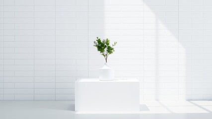 Minimalist interior design with a single plant in a white vase on a white pedestal against a backdrop of white tiled walls