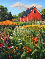 Obraz premium Red Barn in a Vibrant Flower Garden - Picturesque red barn nestled amidst a colorful flower garden, symbolizing peace, nature's beauty, rural life, harvest, and tranquility.