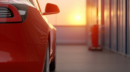 Fototapeta premium A sleek red car parked with a sunset backdrop, showcasing modern design and vibrant colors in a serene outdoor setting.