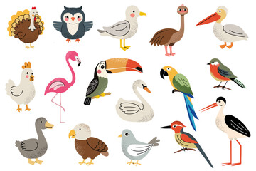 Different cartoon wild and domestic birds. Cute birds set. Owl, swan, stork, dove, pelican, toucan, tit.