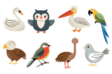 Obraz premium Cartoon wild birds. Cute hand drawn birds set. Owl, swan, ostrich, dove, pelican, eagle, tit.