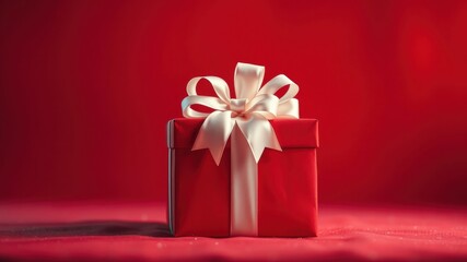 Obraz premium A single red gift box tied with a large white satin bow, resting on a red surface, ready to be opened.
