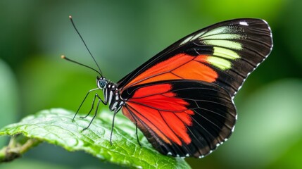 Obraz premium A vibrant red and black butterfly perched on a green leaf.