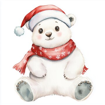 recommend clip art: watercolor cute adorable ice bear wearing a Christmas hat and shawl, animal costume clipart, isolated on white. Wild animal with christmas hat, Design element for Christmas greeting card, christmas pu