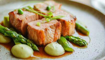 Roasted pork loin with asparagus and pea puree creating delicious culinary dish