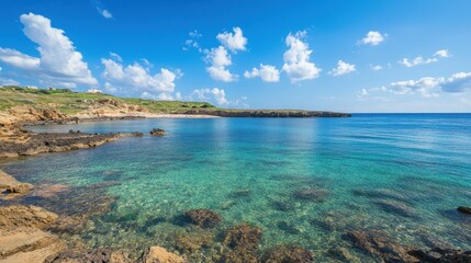 Fototapeta premium Vibrant beach setting with clear turquoise waters and a sunny sky, offering generous copy space for text