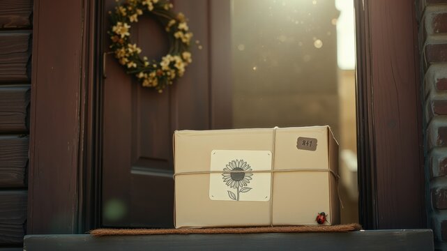 A package with a sunflower sticker and string sits on the doorstep, waiting for its recipient.