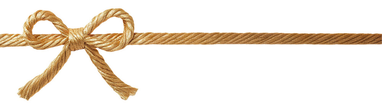 Golden rope tied in a bow with extended ends, isolated on transparent cutout background
