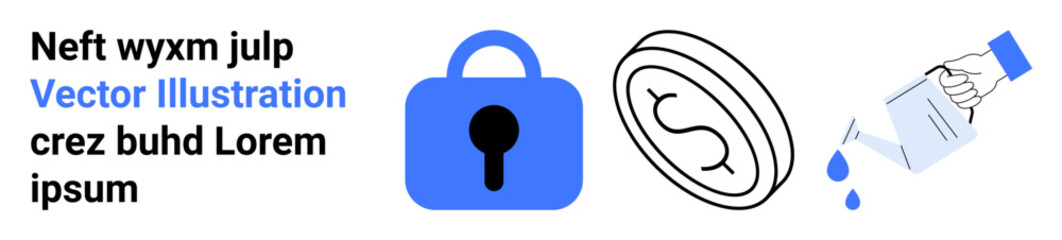Blue lock with keyhole, hand spilling liquid from cup, and coin with dollar sign. Ideal for security, finance, savings, investment, risk, data protection, warning. Banner for landing page
