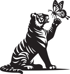 A tiger playing with a butterfly perched on its nose vector silhouette