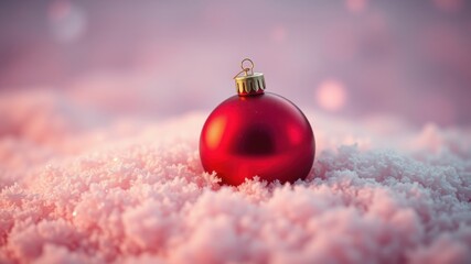 A single red Christmas ornament nestled in a bed of pristine snow, illuminated by a soft, pink glow.