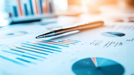 Close-up view of financial graphs and charts on a desk, showcasing growth trends and market analysis, with a pen ready for notes. Ideal for business and finance concepts.