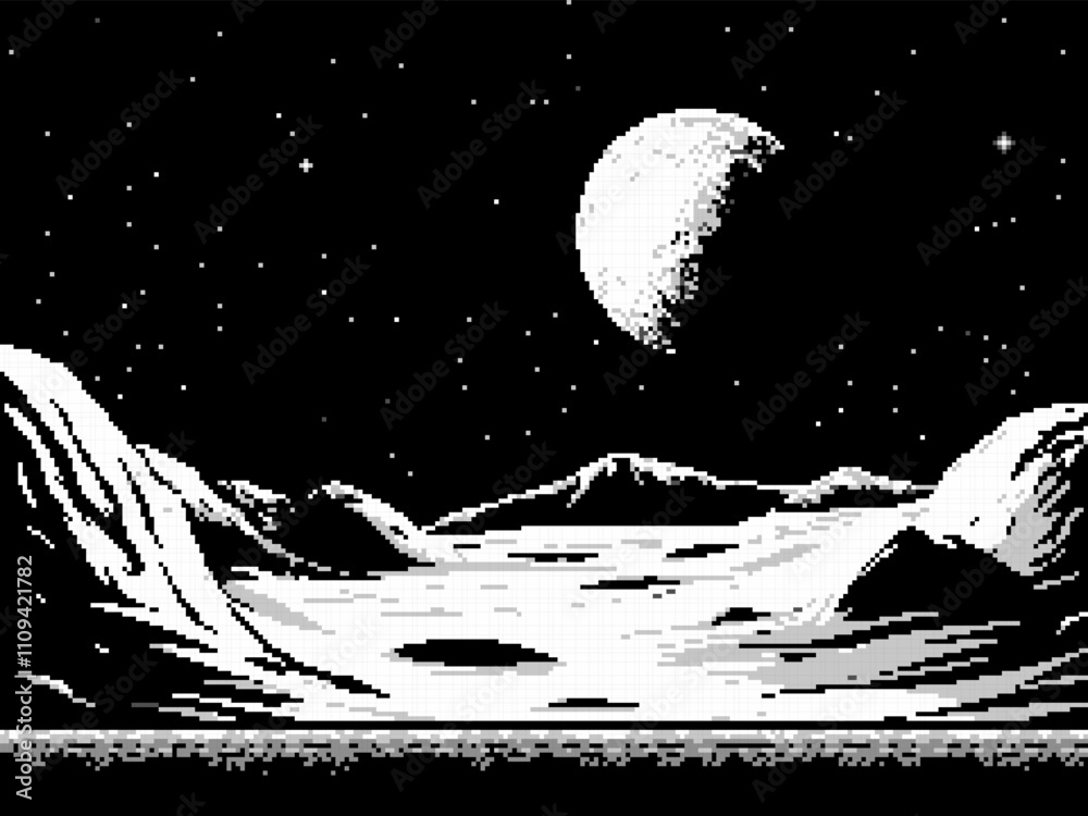 Aufkleber pixel art space game level background, 8 bit retro style video game. black and white. monochrome pla
