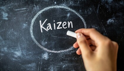 A hand inscribing the word Kaizen in white chalk, symbolizing continuous improvement. Inspiring Quotes in Business.
