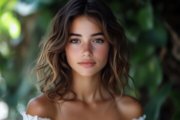 Naklejka premium Sun-kissed Asian Girl Portrait Lush Hair, Serene Face