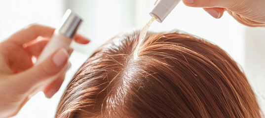Fototapeta premium Beautician applying regenerating treatment on woman's hair and scalp