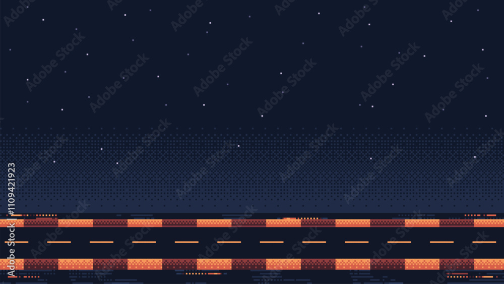 Poster pixel art racing game level background, pixel retro design, 8 bit image, 2d racing track, road with 