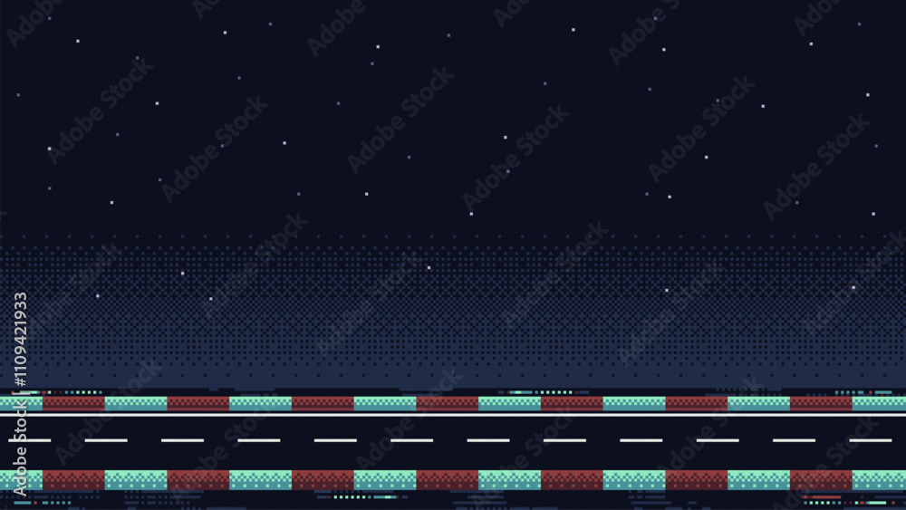 Poster pixel art racing game level background, pixel retro design, 8 bit image, 2d racing track, road with 