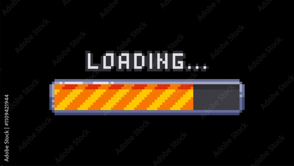 Poster pixel art loading bar, retro game start, 8 bit, download bar screen. pixelated progress animation. l