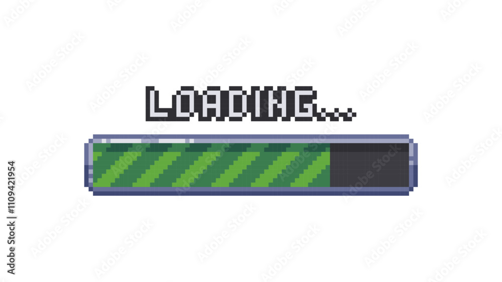 Poster Pixel art loading bar, retro game start, 8 bit, download bar screen. Pixelated progress animation. Loading from 0 to 100 percent.