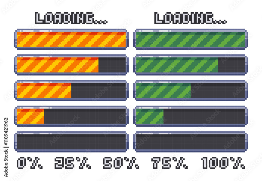 Poster Pixel art loading bar, retro game start, 8 bit, download bar screen. Pixelated progress animation. Loading from 0 to 100 percent.