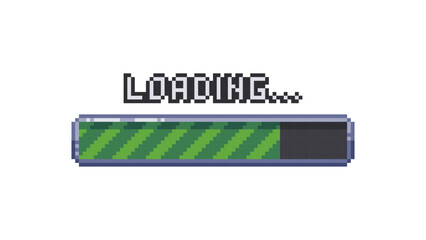 Pixel art loading bar, retro game start, 8 bit, download bar screen. Pixelated progress animation. Loading from 0 to 100 percent.