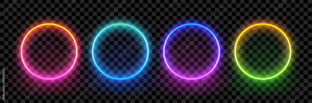 Poster neon circle frame on a transparent background. illuminate frame design. set of round neon border. fu