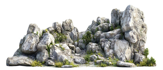 Realistic rocky terrain with natural vegetation, isolated on a transparent cutout background