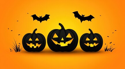 Three pumpkins and two black bats on the wall, Halloween decoration on an orange background