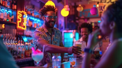Obraz premium Barman pouring a cocktail from a shaker into a glass with a focused expression, ice cubes splashing, neon lights reflecting off the bar, patrons enjoying the night