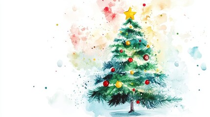 Watercolor Christmas Tree Festive Holiday - A whimsical watercolor painting of a Christmas tree adorned with colorful ornaments, symbolizing joy, peace, hope, celebration, and winter.