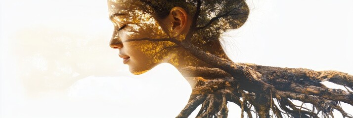 Fototapeta premium Woman and Tree Roots Double Exposure - Serene woman, tree roots, nature, connection, growth. A beautiful double exposure image symbolizing inner strength, harmony, and the interconnectedness of life.