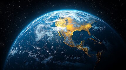 Fototapeta premium Stunning view of Earth from space, showcasing North and Central America illuminated at night, with swirling clouds and deep blue oceans.