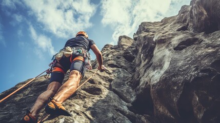 Climber ascends steep rock face.