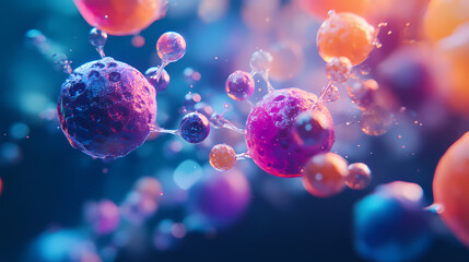 Obraz premium 3d rendering of a colorful molecular structure with carbon and abyssal spheres on a deep blue background there is an abstract background of deep colors and shapes creat. Abyssal. Illustration