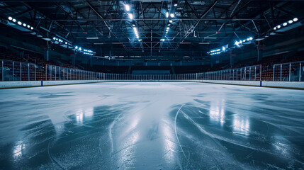 An empty hockey ice rink arena.