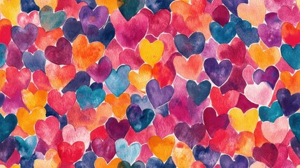 Vibrant seamless pattern of watercolor hearts in multiple colors ideal for textile design and crafts