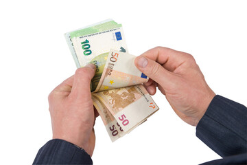 Man's hands counting euro banknotes isolated on a white background.