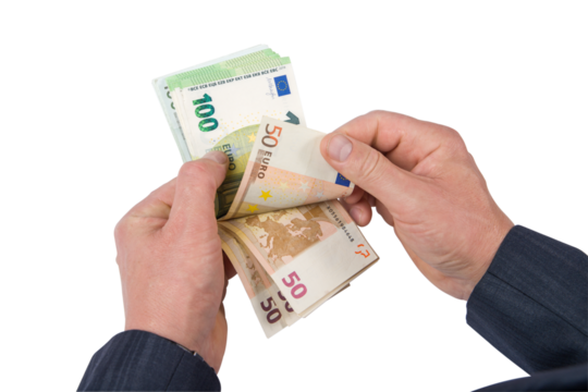 Man's hands counting euro banknotes isolated on a white background.