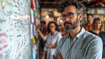 Obraz premium Serious man with arms crossed, standing before whiteboard in busy office.