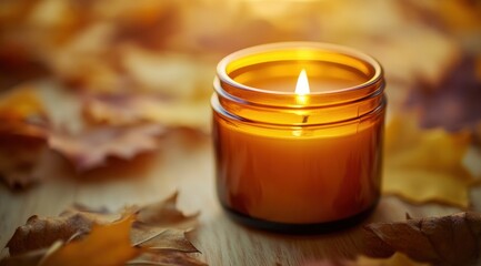 A close-up photograph of an amber-colored jar candle with a lit flame