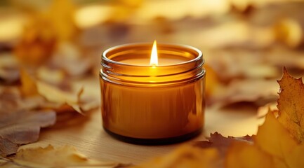 A close-up photograph of an amber-colored jar candle with a lit flame