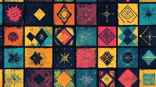 Colorful ethnic tile abstract pattern featuring astrological symbols and Caribbean grunge textures ideal for fabric design and artistic projects