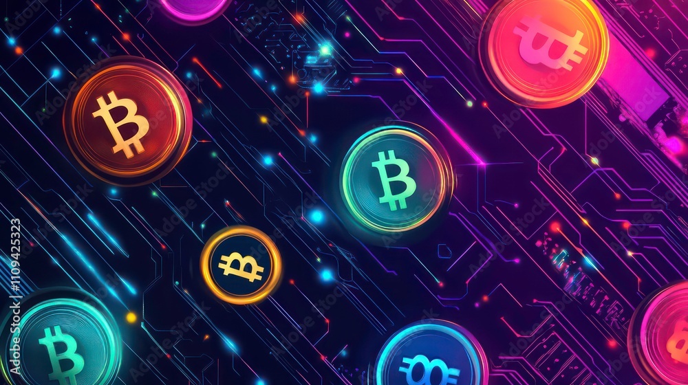 Poster vibrant bitcoin cryptocurrency symbols on a circuit board background, illustrating digital currency 
