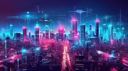 Fototapeta premium Futuristic cityscape with neon lights, flying vehicles, and digital interfaces.