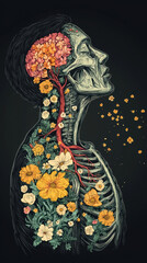 vintage illustration of human profile with flowers and brain