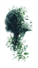 Fototapeta premium serene profile of woman surrounded by lush green foliage, symbolizing nature